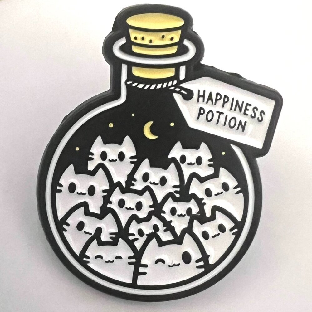 🧷'Happiness Potion' Cartoon Cat Enamel Pin / Brooch in Black and White